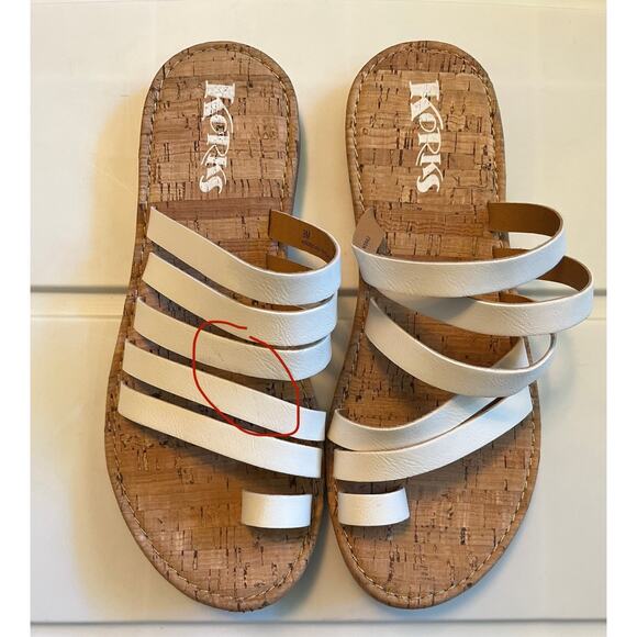 Korks Sandals Women's 8 M White Faux Leather Strappy Toe Ring Flat Cork Khela20 - Picture 2 of 9